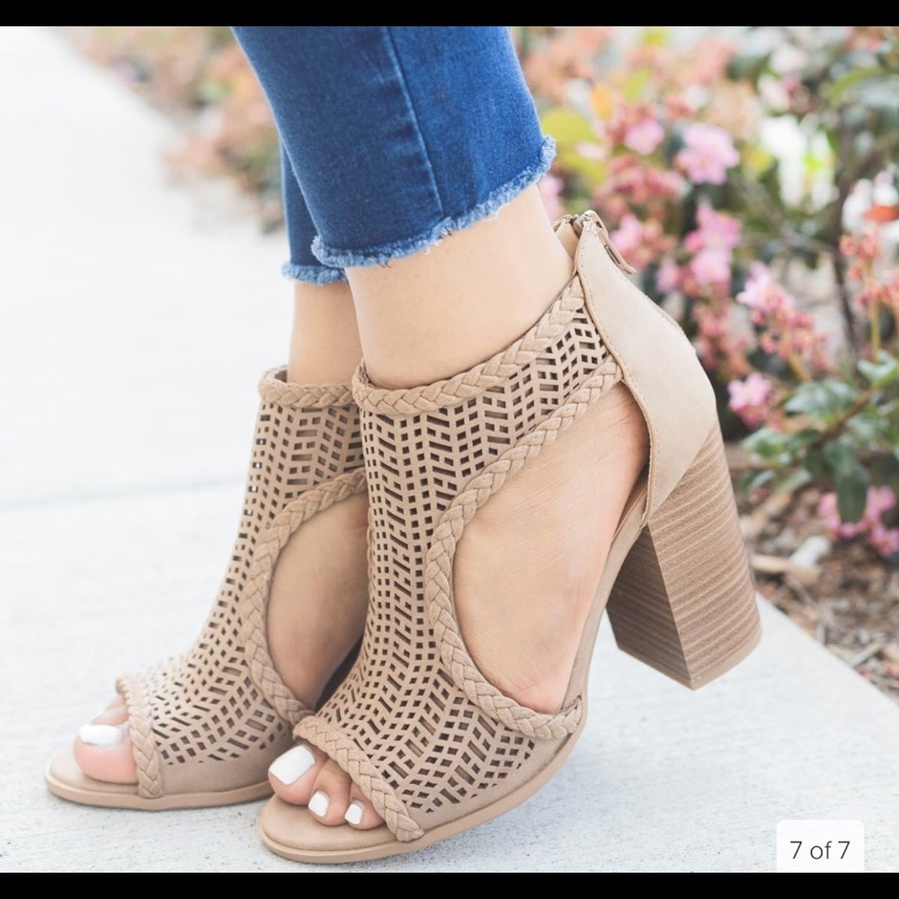 Taupe laser cutout bootie with braided detail